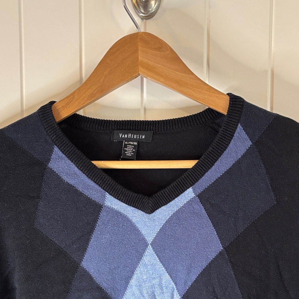 Van Heusen Men's V-Neck Argyle Sweater in Black and Blue